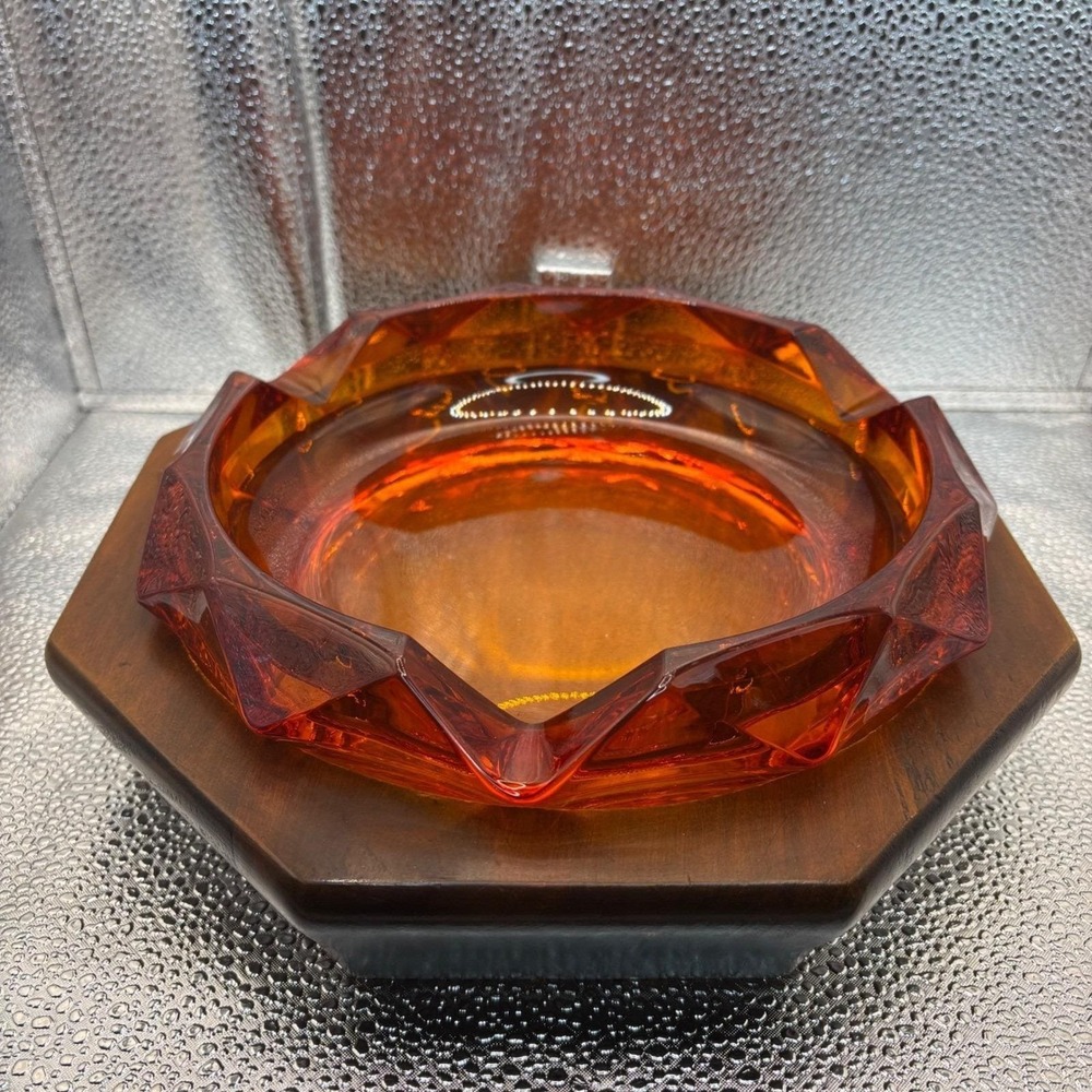 Vtg Viking Glass Amber Cigar Ashtray Wood Octagon Base Heavy Crystal Cut Faceted